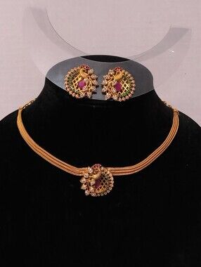 Gold-Tone Pink & Green Pendant Choker with Matching Earrings